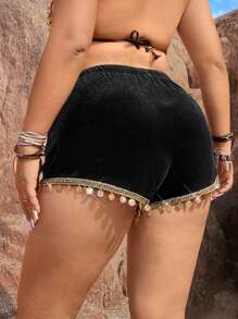 Flirla Plus Size Shiny Sequin Trim Woven Belt Shorts - Black - View 1