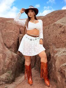 Flirla Plus Size Lace Crop Top And Skirt Set - White - View 4
