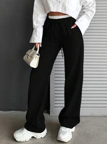 CasuGlow Color Block Drawstring Waist Casual Straight-Leg Pants - Black - View 3