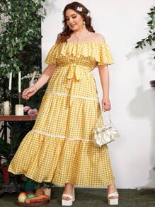 Sunnyshic Đầm hở vai xếp nếp nhiều lớp cỡ lớn, bó eo - Màu vàng - Xem 6