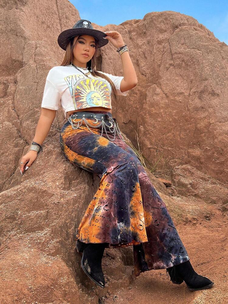 Plus Size Women's Tie-Dye Flared Pants With Wasteland Style Fall Cloth For Women
