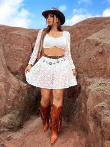 Flirla Plus Size Lace Crop Top And Skirt Set - White - View 6