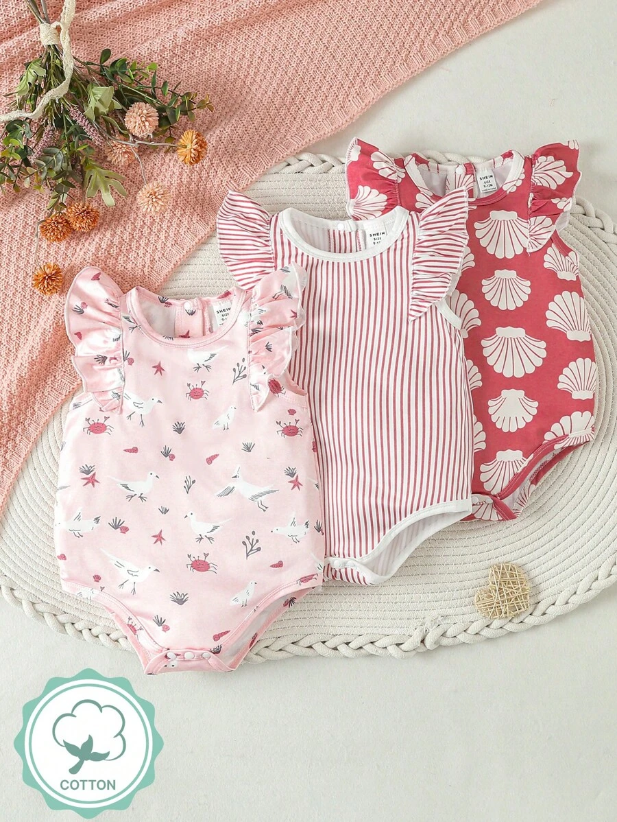 嬰兒女春夏款3入組可愛時尚粉色印花連體衣，適用於日常休閒穿著 - 彩色 - 查看 1