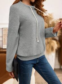 SHEIN LUNE Raglan Drawstring Detail Sweatshirt Pullover Fall Outfit - Grey - View 3