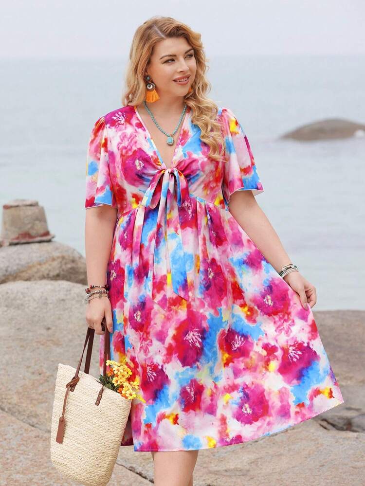Plus Size Tie-Dye Printed V-Neck Dress