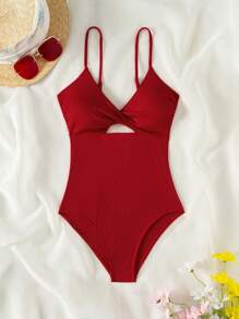 SHEIN Swim Summer Beach Solid Color One-Piece Swimsuit With Twist And Hollow Out Design - Red - View 3
