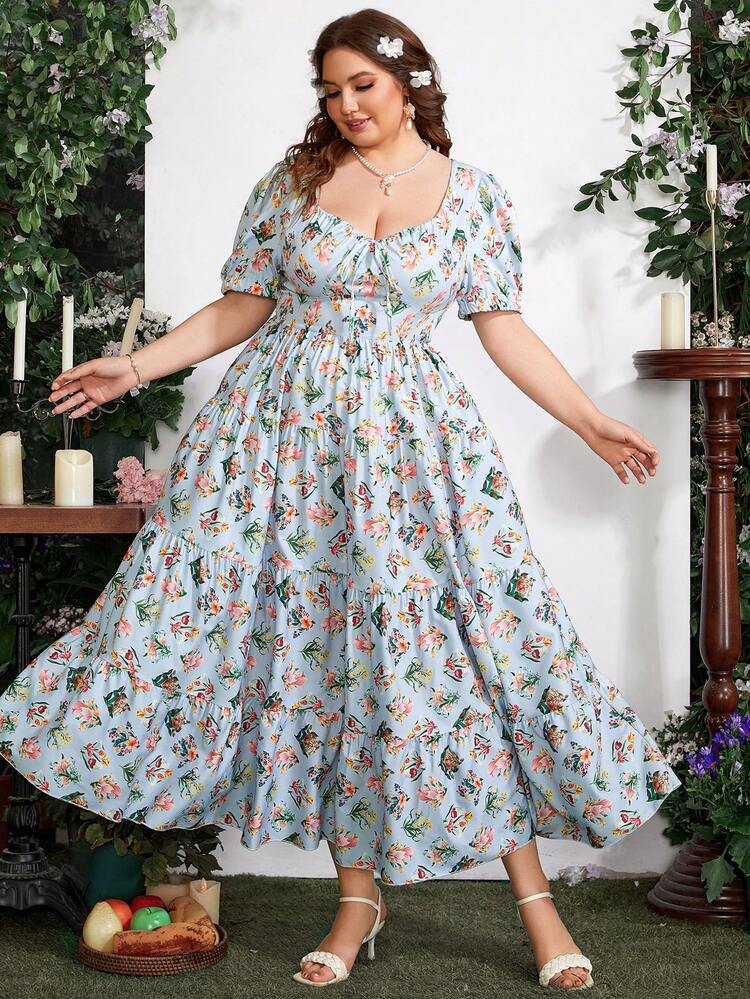Plus Size Floral Print Dress With Sweetheart Collar