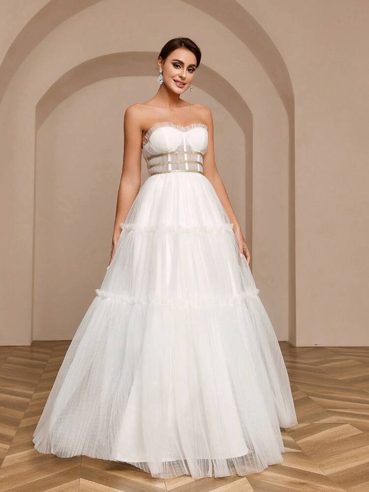 Pleated A-Line Dress With Gold Ribbon Decoration, Net Strapless Wedding Dress