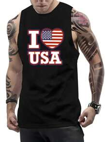 Men Flag & Letter Graphic Tank Top - Black - View 3