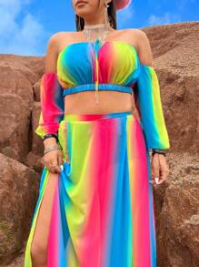 Flirla Plus Size Ombre Off Shoulder Cropped Top With High Slit Skirt Set