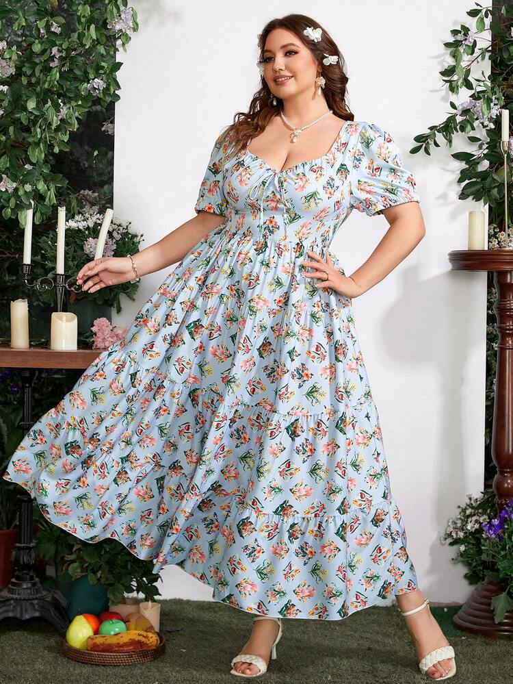 Plus Size Floral Print Dress With Sweetheart Collar