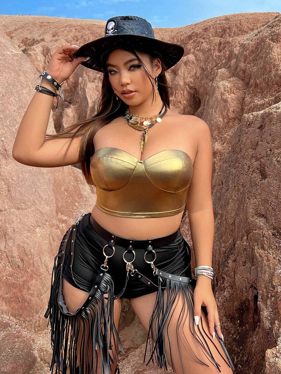 Flirla Hơn Chất rắn Bustier Áo Tube Crop - Vàng - Xem 1