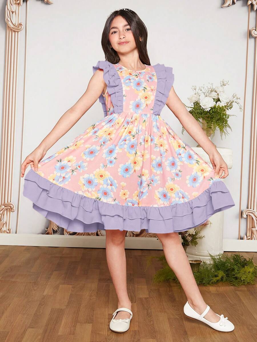 SHEIN 青少女編織拼接花卉印花荷葉邊連衣裙 - 紫丁香色 - 查看 1