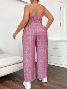 Calvaya Conjunto De Dos Piezas Corsé Sin Tirantes Con Pantalones Para Mujer De Talla Grande Y Diseño De Bloques De Color - Rosa - Ver 2