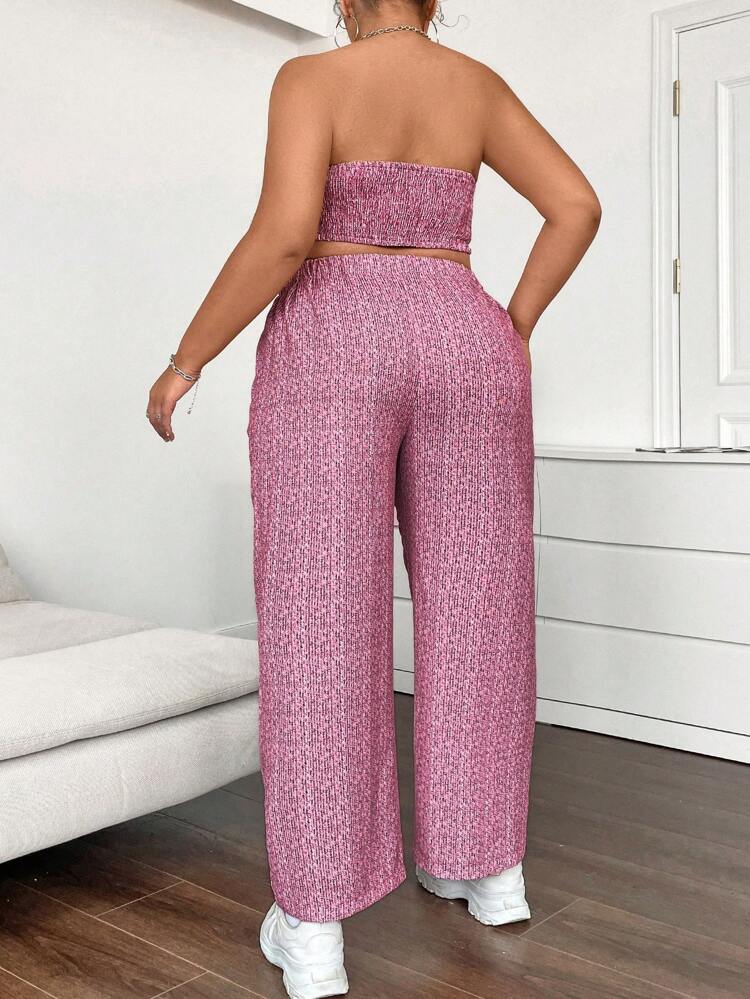 Plus Size Color Block Splice Strapless Top & Pants Two-Piece Set