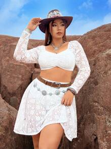 Flirla Plus Size Lace Crop Top And Skirt Set - White - View 3