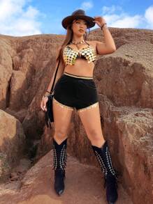 Flirla Plus Size Shiny Sequin Trim Woven Belt Shorts - Black - View 6