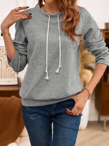 SHEIN LUNE Raglan Drawstring Detail Sweatshirt Pullover Fall Outfit - Grey - View 6