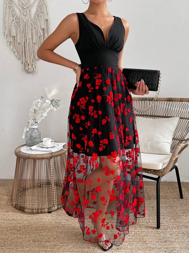 Floral Plush & Mesh Splice Dress