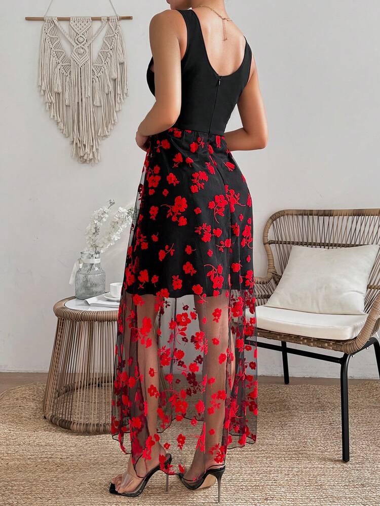 Floral Plush & Mesh Splice Dress