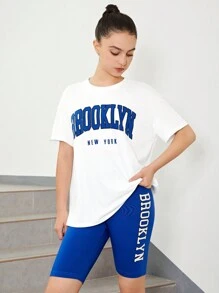 SHEIN Leap Crew Teen Girl Printed Drop Shoulder T-Shirt And Shorts Sports Leisure Two-Piece Set - Royal Blue - View 4