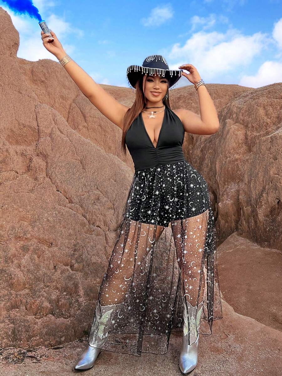 Flirla Plus-größe Rundhals Casual Romper Mit Mesh Und Offener Rücken Ausschnitt, Hoher Schlitz Bein Und Halfter Hals Design