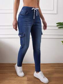 RueChic Drawstring Waist Flap Pocket Skinny Jeans - Dark Wash - View 3