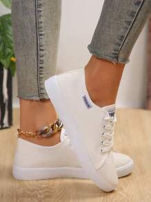 女士帆布鞋，春秋新品，休閒白色運動鞋，時尚小餅乾鞋（INS風格） - 米色 - 查看 2