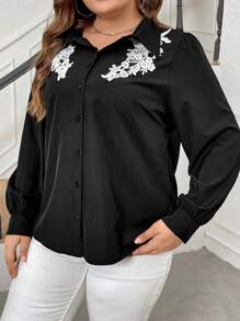 SHEIN Clasi Kích thước lớn Của phụ nữ Ren Vá lại Tay áo dài Áo sơ mi - màu đen - Xem 4