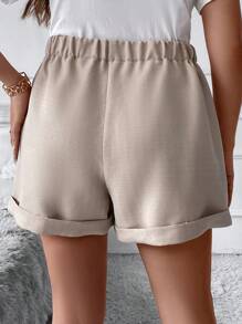 SHEIN LUNE Plus High Waist Roll Up Hem Shorts - Apricot - View 2