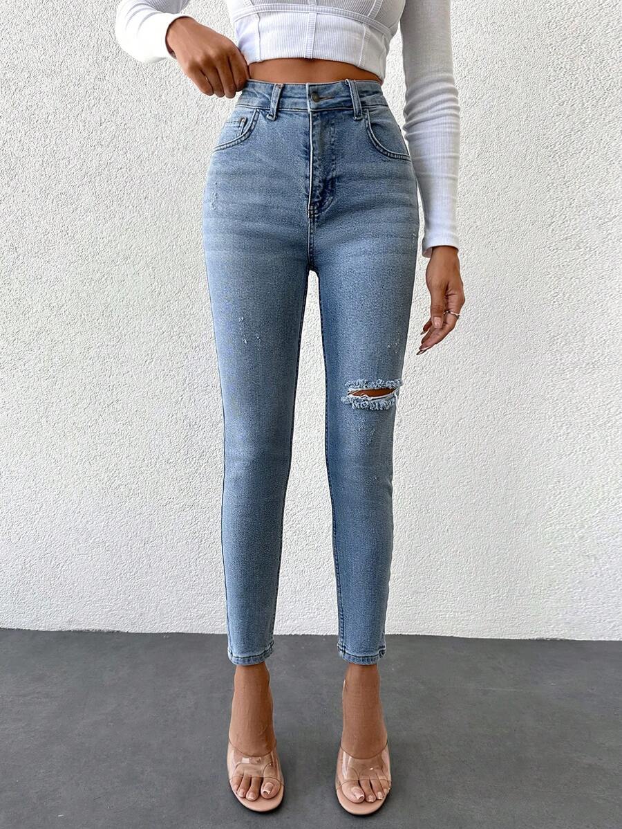 High Waist Ripped Skinny Jeans - Light Wash - View 1