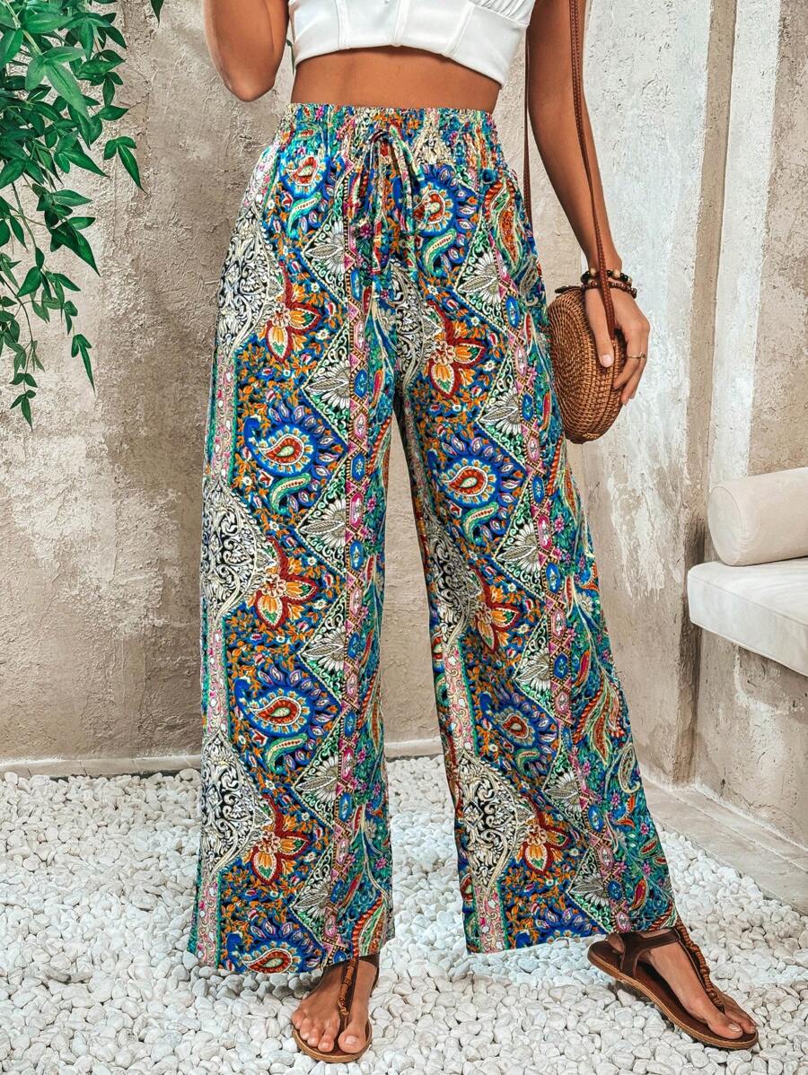 SHEIN Frenchy 女士洋酒紋寬腿褲 - 彩色 - 查看 1