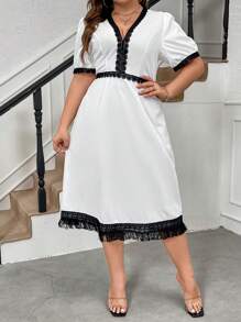 SHEIN Clasi Plus Size Contrast Lace Splicing Tassel Hem Dress - White - View 4