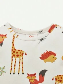 Cozy Pixies 嬰兒男寶貝緊身睡衣套裝，卡通圖案短袖圓領上衣和長褲 - 杏色 - 查看 5