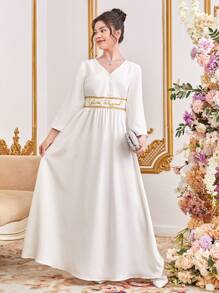 SHEIN Robe Encolure En V Taille Brodée De Garniture Dorée Pour Les Adolescentes - Blanc - Voir 1