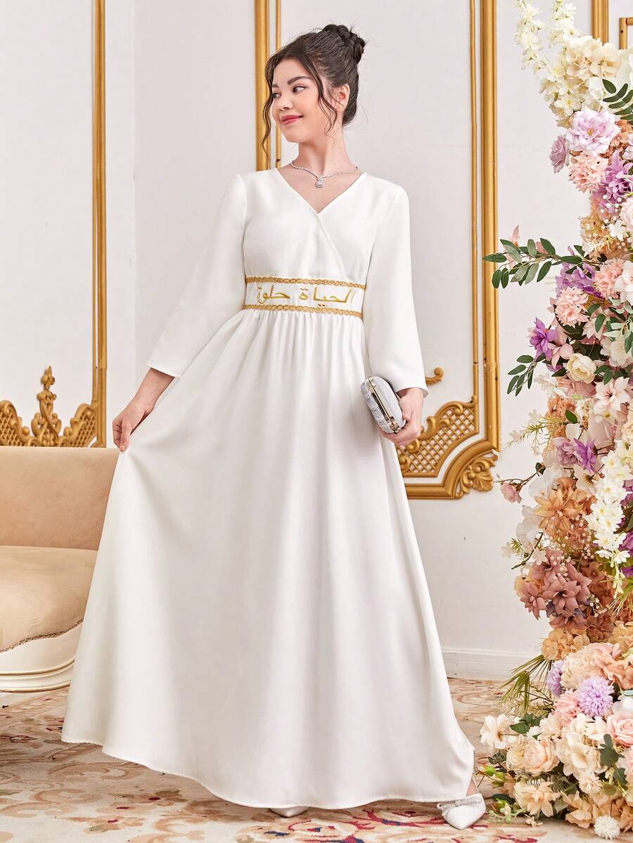 SHEIN Robe Encolure En V Taille Brodée De Garniture Dorée Pour Les Adolescentes - Blanc - Voir 1