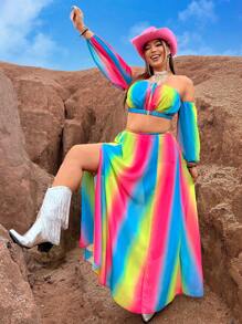 Flirla Plus Size Ombre Off Shoulder Cropped Top With High Slit Skirt Set