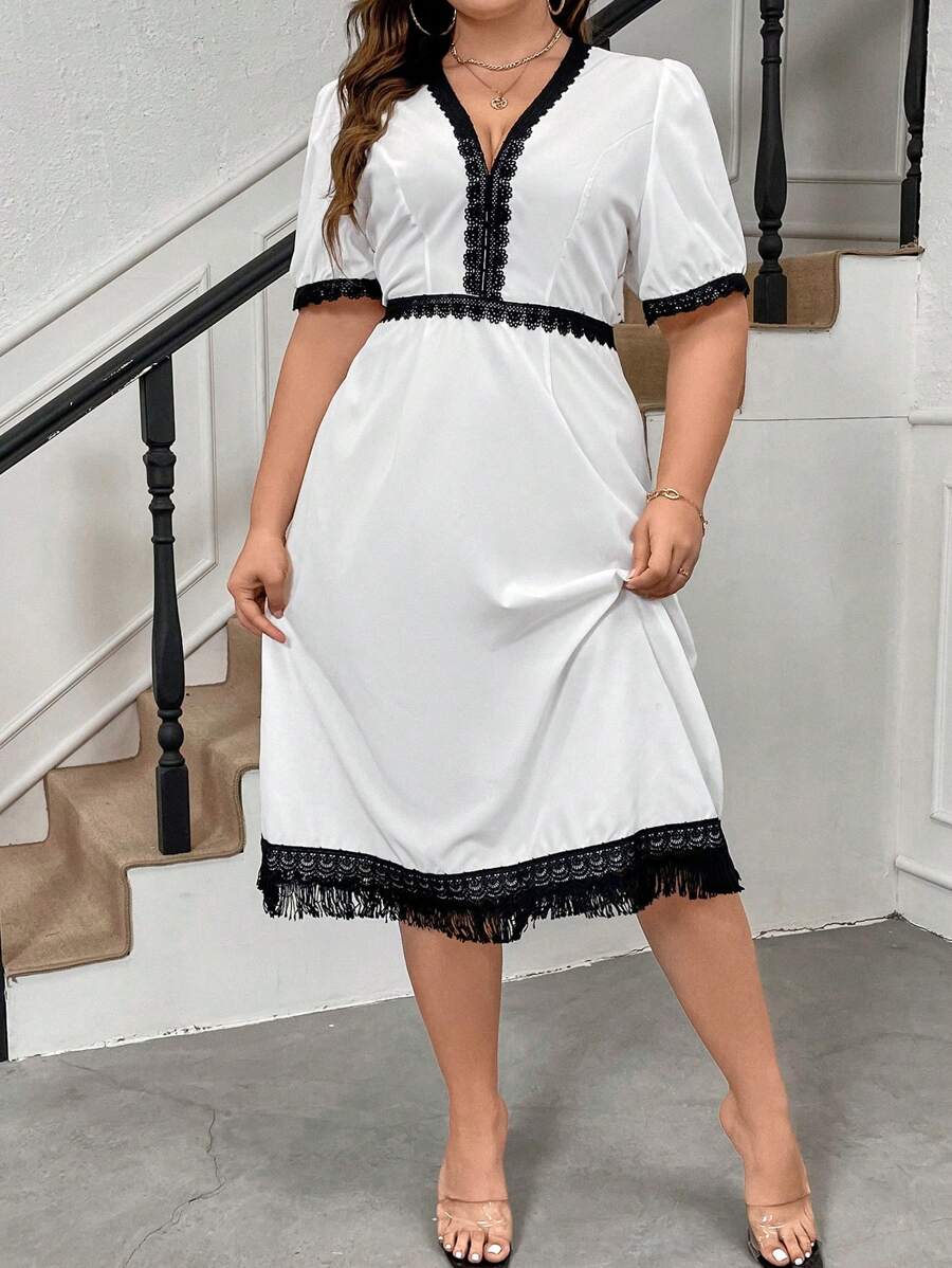 SHEIN Clasi Plus Size Contrast Lace Splicing Tassel Hem Dress - White - View 1