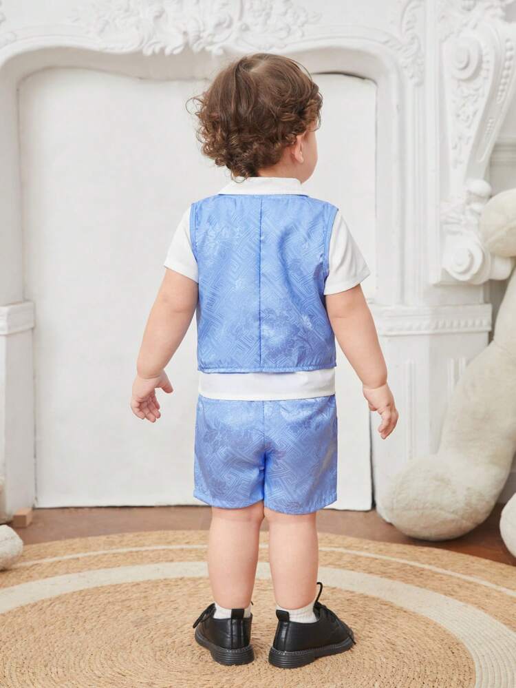 Baby Boy Party Gentleman Outfits With Solid Shirt, Jacquard Vest And Shorts