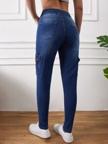 RueChic Drawstring Waist Flap Pocket Skinny Jeans - Dark Wash - View 2