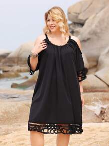 EMERY ROSE 大尺碼女性露肩中空純色裙 - 黑色 - 查看 4