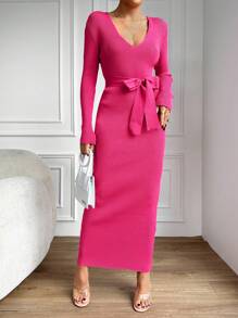 RueChic Women's V-Neck Slim Fit Long Sleeve Knit Sweater Dress