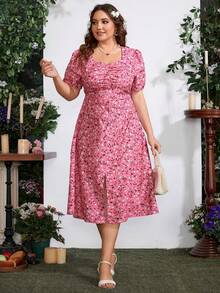 Flirla 加大尺碼女士度假用花卉印花開衩連衣裙 - 彩色 - 查看 5