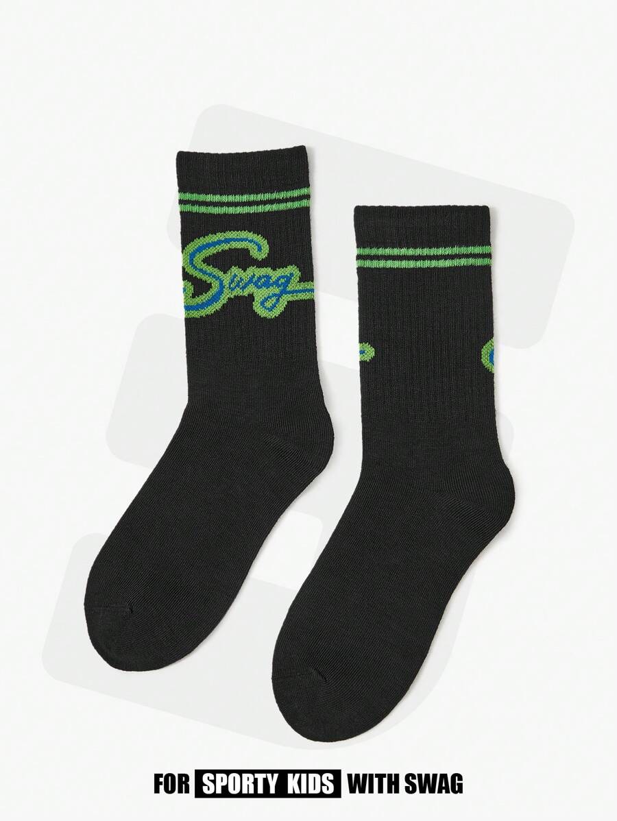 SHEIN 雙男童黑色撞色字母設計時尚中筒襪 - 黑色 - 查看 1