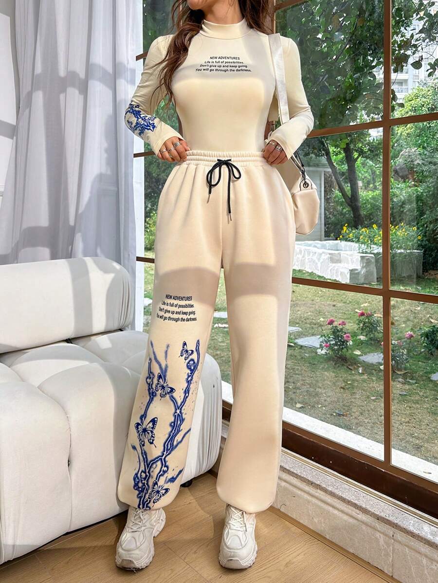 SHEIN Unity 蝴蝶和闪电印花紧身长袖 T 恤和运动裤套装，女士春/秋休闲抽绳口袋长袖修身杏色常规袖 T 恤裤女式两件套服装，休闲日常穿着 - 杏色 - 查看 1