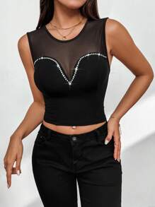 SHEIN Privé 女性情人節約會鑲鑽網眼透視背心，適用於派對、節日和音樂節 - 黑色 - 查看 5