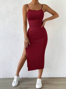 EURMUSE Women's Solid Color Pleated Side Slit Hem Casual Cami Dress - Burgundy - View 7