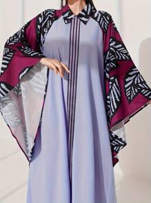 Colorblock Plant Print Splicing Elegant Batwing Sleeve Shirt Collar Dress - Purple - View 3