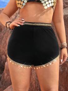 Flirla Plus Size Shiny Sequin Trim Woven Belt Shorts - Black - View 7