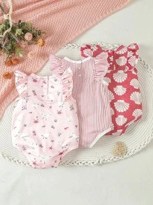 嬰兒女春夏款3入組可愛時尚粉色印花連體衣，適用於日常休閒穿著 - 彩色 - 查看 2